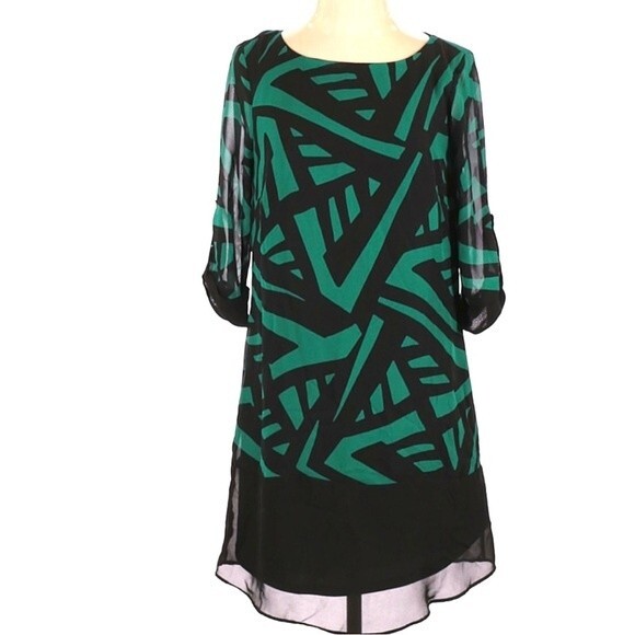 Black and green geometric print shift dress size large - Picture 2 of 6
